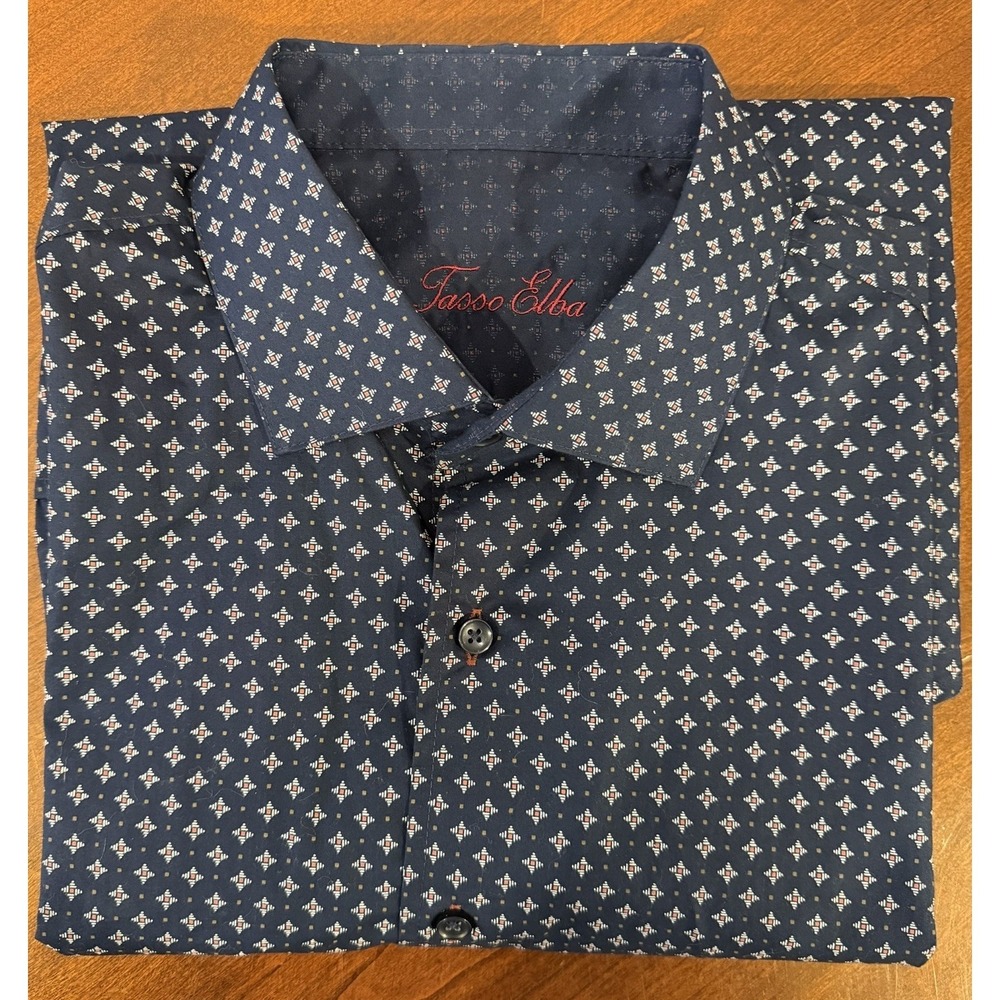 Tasso Elba Shirt Men Size L Navy Mini Paisley Long Sleeve Button Up